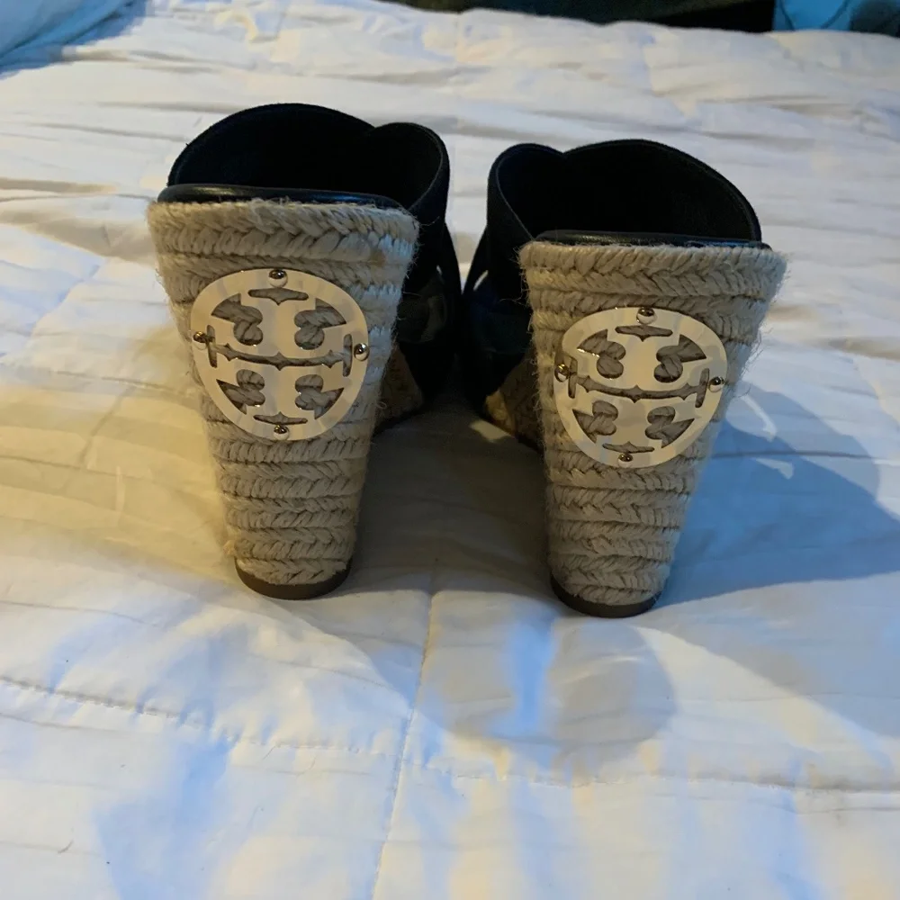 Tory Burch Black Suede Leather Platform Wedge Slides sz 8.5 M